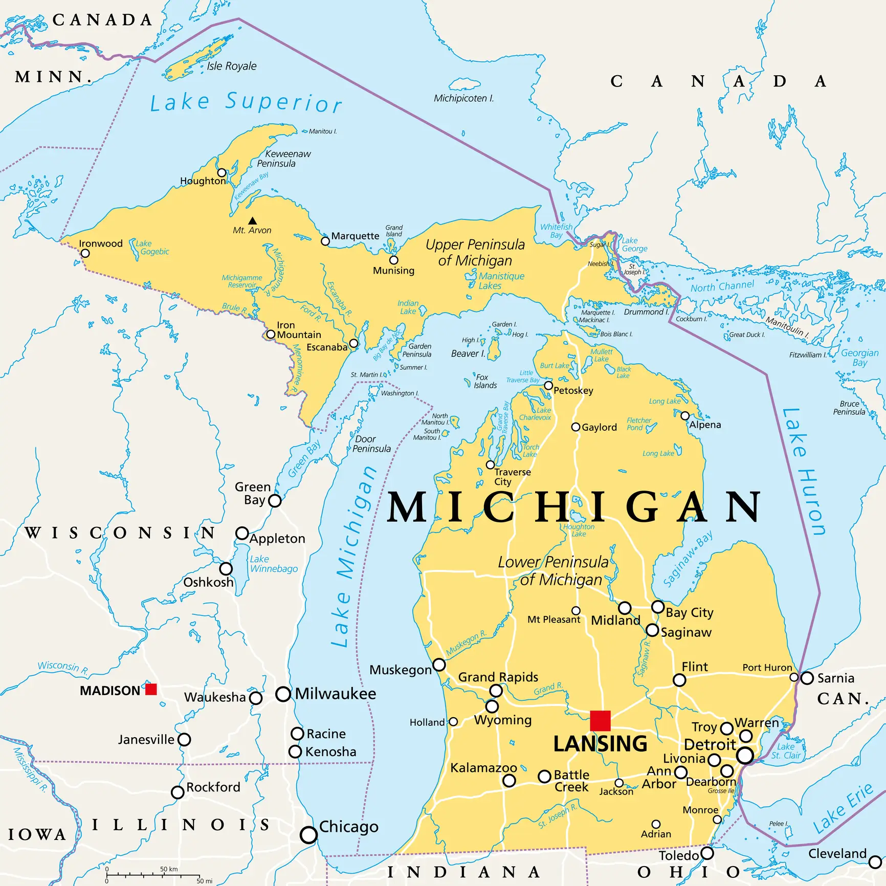 Map of Michigan showing major cities and lakes.